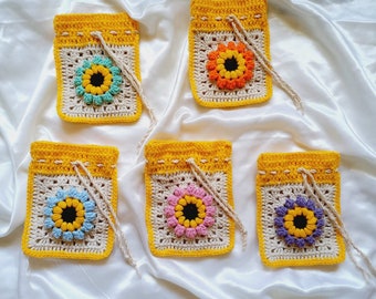 Gehaakte Daisy Purse, Grandma Square Mini Pouch, Daisy Sachet Bags, Knit Coin Wallet, Handgemaakte Lavendel Tassen, Telefoon Portemonnee, Koord Pouch