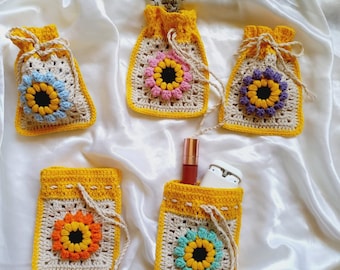 Gehaakte portemonnee, Grandma Square Mini Pouch, Daisy Sachet Bags, Knit Coin Wallet, Handgemaakte Lavendeltassen, Telefoontasje, Trekkoordzakje
