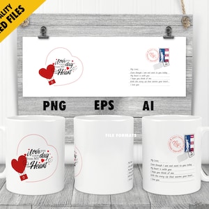 San Valentín día taza plantilla png eps ai sublimación impresión novia novio carta diseño 11 oz de descarga digital editable