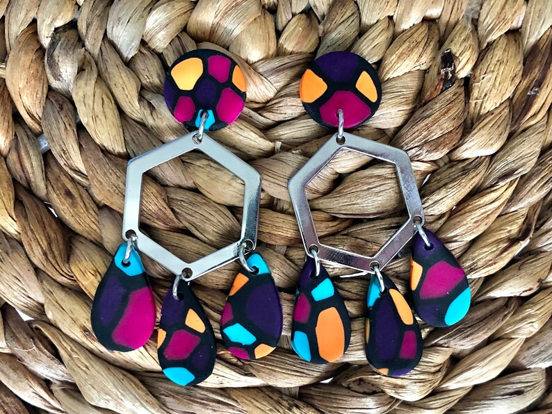 Fast Shipping Statement Earrings Fun Earrings Handmade Earrings Hexagon Teardrop Polymer Clay Earrings Lightweight Gifts for Her
