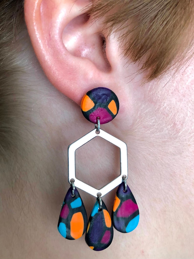 Fast Shipping Statement Earrings Fun Earrings Handmade Earrings Hexagon Teardrop Polymer Clay Earrings Lightweight Gifts for Her