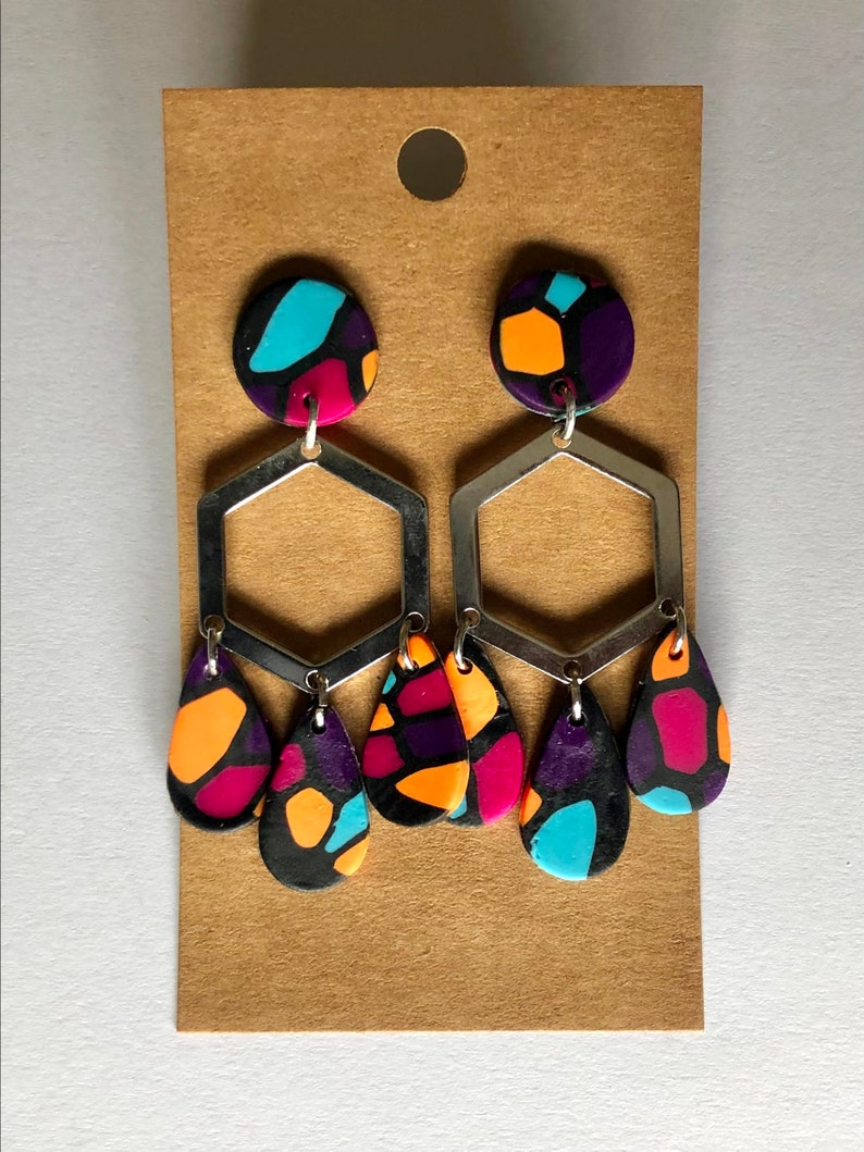 Fast Shipping Statement Earrings Fun Earrings Handmade Earrings Hexagon Teardrop Polymer Clay Earrings Lightweight Gifts for Her