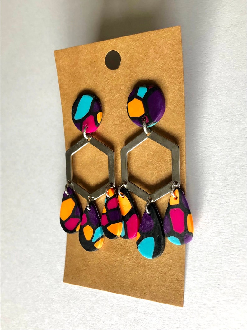 Fast Shipping Statement Earrings Fun Earrings Handmade Earrings Hexagon Teardrop Polymer Clay Earrings Lightweight Gifts for Her