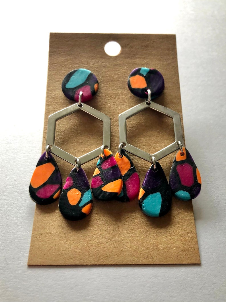 Fast Shipping Statement Earrings Fun Earrings Handmade Earrings Hexagon Teardrop Polymer Clay Earrings Lightweight Gifts for Her