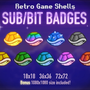 Puede incluir: Un conjunto de nueve insignias retro de caparazón de tortuga en varios colores, incluyendo dorado, verde, azul, gris, rosa y rojo. Las insignias tienen la forma de un caparazón de tortuga y presentan diferentes diseños, como púas y un patrón de arcoíris. El texto "Retro Game Shells" y "SUB/BIT BADGES" se muestra en la parte superior de la imagen. El texto "18x18 36x36 72x72" y "Bonus 1080x1080 size included!" se muestra en la parte inferior de la imagen.