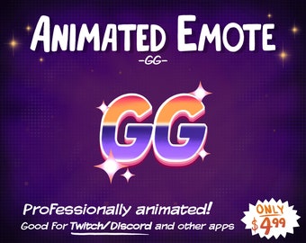 May include: Animated Twitch and Discord emote featuring the letters GG in a retro, colourful, and glowing style. The letters are outlined in white and have a gradient of orange, yellow, and purple. The background is a dark purple with a subtle pattern of white dots. The text "Professionally animated!" and "Good For Twitch/Discord and other apps" is displayed below the emote. The text "ONLY $499" is displayed in a yellow starburst shape in the bottom right corner.