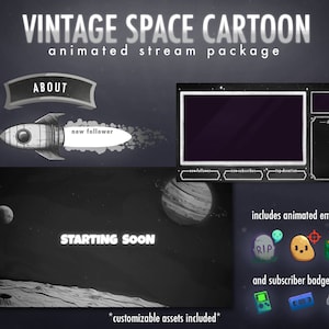 Vintage Space Cartoon Stream Package | Animated | Overlay, Screens, Panels, Alerts, Emotes, Badges | Twitch | Youtube