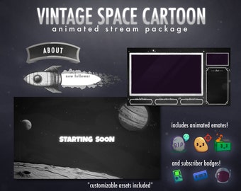 Vintage Space Cartoon Stream Package | Animated | Overlay, Screens, Panels, Alerts, Emotes, Badges | Twitch | Youtube