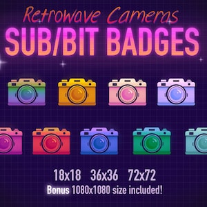 May include: A set of eight retro-style camera badges in various colors, including pink, blue, green, yellow, and red. The badges are arranged in two rows of four. The text "SUB/BIT BADGES" is displayed above the badges in a neon-style font. The text "18x18 36x36 72x72 Bonus 1080x1080 size included!" is displayed below the badges.
