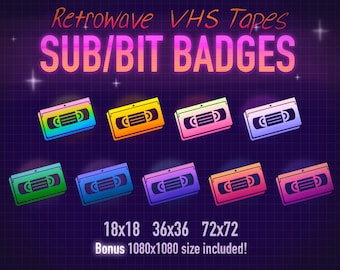Retrowave VHS Tape Twitch Sub/Bit Badges