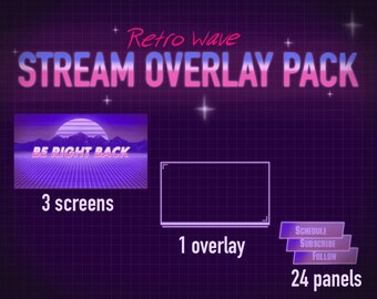 May include: A digital graphic for a Retro Wave Stream Overlay Pack. The design features a purple grid background with text that reads "Retro Wave STREAM OVERLAY PACK." Includes 3 screens, 1 overlay, and 24 panels with "Schedule, Subscribe, Follow" text.