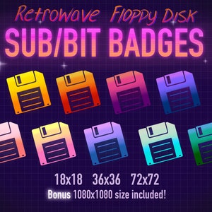 Puede incluir: Nueve insignias de disquete de estilo retro en varios colores, incluyendo amarillo, rojo, morado, azul, rosa y verde. Las insignias están dispuestas en una cuadrícula con el texto "18x18 36x36 72x72" y "Bonus 1080x1080 size included!" debajo. El texto "Retrowave Floppy Disk SUB/BIT BADGES" está en la parte superior de la imagen.