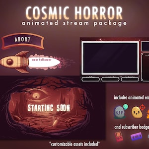 May include: A cosmic horror themed animated stream package with a starting soon screen, animated emotes, and subscriber badges. The package includes a rocket ship, a cave, a starry sky, and a variety of other graphics.