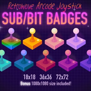 Op de afbeelding: Een set van negen retro-stijl joystick-badges in verschillende kleuren, waaronder teal, blauw, rood, paars en roze. De badges zijn in drie maten: 18x18, 36x36 en 72x72 pixels. Een bonusmaat van 1080x1080 pixels is ook inbegrepen.