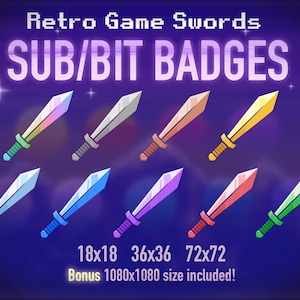 May include: A set of eight retro game sword badges in various colors, including blue, pink, green, orange, and gold. The badges are available in three sizes: 18x18 pixels, 36x36 pixels, and 72x72 pixels. A bonus 1080x1080 pixel size is also included.