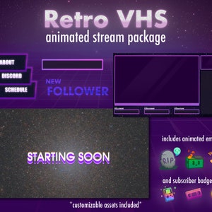 Retro VHS Stream Package | Animated | Overlay, Screens, Panels, Alerts, Emotes, Badges | Twitch | Youtube