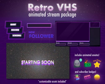 Retro VHS Stream Package | Animated | Overlay, Screens, Panels, Alerts, Emotes, Badges | Twitch | Youtube