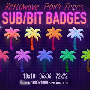 May include: A set of nine retro-style palm tree badges in various colors, including pink, blue, green, and orange. The badges are available in three sizes: 18x18, 36x36, and 72x72 pixels. A bonus 1080x1080 pixel size is also included.