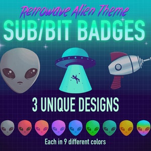 May include: Three retro-style alien themed badges. The badges feature a grey alien, a flying saucer, and a ray gun. Each badge is available in nine different colors.