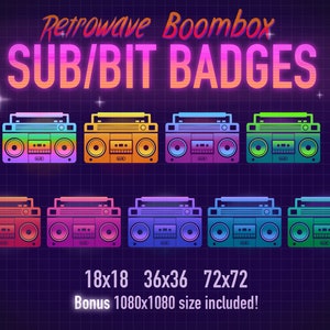 Könnte beinhalten: Ein Satz von acht Boombox-Abzeichen im Retro-Stil in verschiedenen Farben, darunter Pink, Blau, Grün, Orange und Lila. Die Abzeichen sind pixelig und haben eine Retro-Wave-Ästhetik. Der Text "SUB/BIT BADGES" wird über den Abzeichen angezeigt. Der Text "18x18 36x36 72x72 Bonus 1080x1080 size included!" wird unter den Abzeichen angezeigt.