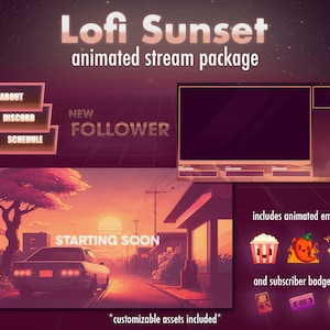 Puede incluir: Un paquete de transmisión de arte digital titulado "Lofi Sunset" con una estética retro. El paquete incluye emotes animados, insignias de suscriptor y activos personalizables. El diseño presenta una escena de puesta de sol con un coche y las palabras "Starting Soon".