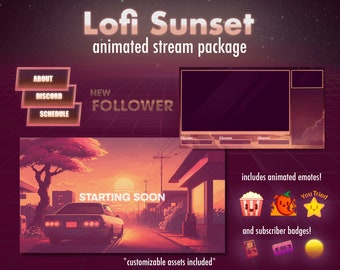 Retro Lofi Sunset Stream Package | Animated | Overlay, Screens, Panels, Alerts, Emotes, Badges | Twitch | Youtube