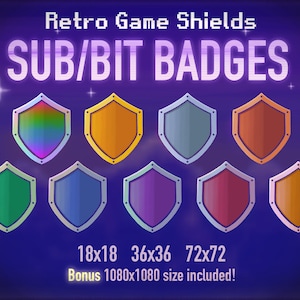 May include: Eight retro game shields in different colors, including rainbow, orange, gray, brown, green, blue, purple, and red. The shields are arranged in two rows of four. The text "Retro Game Shields" and "SUB/BIT BADGES" is at the top of the image. The text "18x18 36x36 72x72" and "Bonus 1080x1080 size included!" is at the bottom of the image.