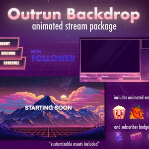 Retro Outrun Backdrop Stream Package | Animated | Overlay, Screens, Panels, Alerts, Emotes, Badges | Twitch | Youtube