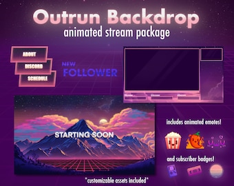 Retro Outrun Backdrop Stream Package | Animated | Overlay, Screens, Panels, Alerts, Emotes, Badges | Twitch | Youtube