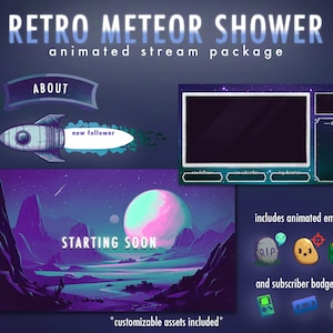 May include: Retro-themed animated stream package for Twitch or YouTube. The package includes a starting soon screen, a chat screen, animated emotes, and subscriber badges. The design features a purple and blue color scheme with a space theme.
