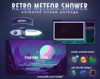 Retro Meteor Shower Stream Package | Animated | Overlay, Screens, Panels, Alerts, Emotes, Badges | Twitch | Youtube