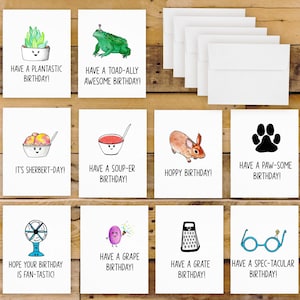 Hand Drawn Pun Funny Happy Birthday Cards (10 Pack of Cards, Birthday Card Set, Birthday Card Pack) Design Pack 3