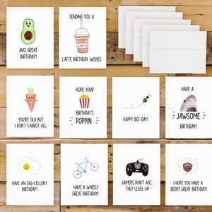 Hand Drawn Pun Funny Birthday Cards (10 Pack of Cards, Birthday Card Set, Birthday Card Pack) Design Pack 1