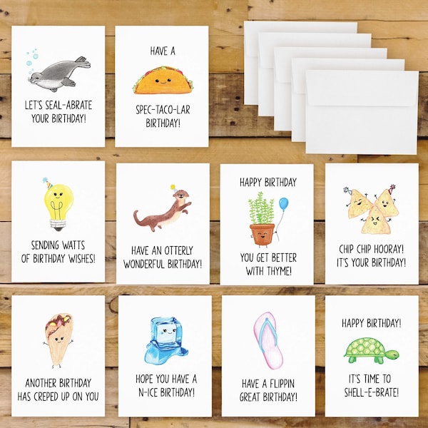 Hand Drawn Pun Funny Happy Birthday Cards (10 Pack of Cards, Birthday Card Set, Birthday Card Pack) Design Pack 5