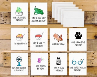 Hand Drawn Pun Funny Happy Birthday Cards (10 Pack of Cards, Birthday Card Set, Birthday Card Pack) Design Pack 3