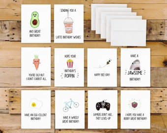 Hand Drawn Pun Funny Birthday Cards (10 Pack of Cards, Birthday Card Set, Birthday Card Pack) Design Pack 1