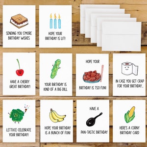 Hand Drawn Pun Funny Happy Birthday Cards (10 Pack of Cards, Birthday Card Set, Birthday Card Pack) Design Pack 4