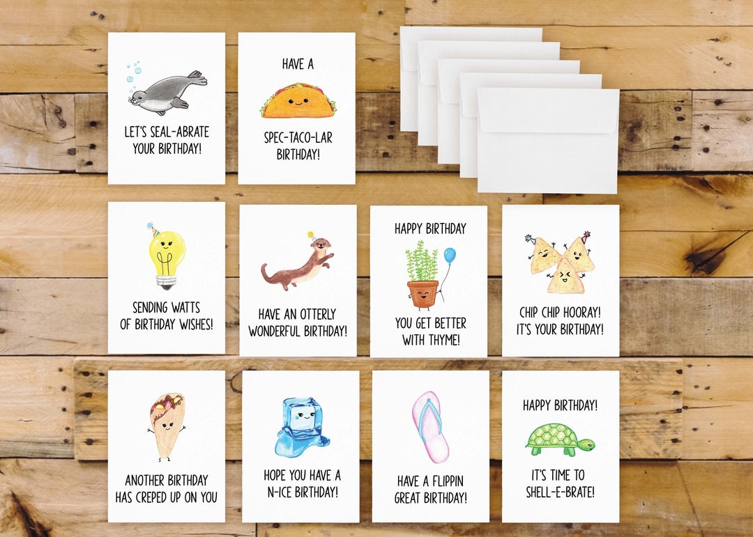 Hand Drawn Pun Funny Happy Birthday Cards (10 Pack of Cards, Birthday