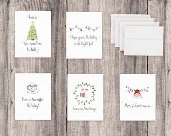 Hand Drawn Funny Holiday Card Puns (10 Pack of Holiday Cards, Holiday Card Variety Set)