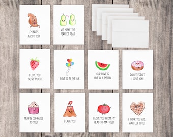 Hand Drawn Cute Anniversary / Valentine’s Day Pun Cards (10 Pack of Cards, Valentine’s Day Card Set, Valentine’s Day Card Pack)