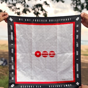 May include: A square black, white, and red bandana featuring a repeating gray wave pattern. The border displays the text WE ARE FOREVER BULLETPROOF, BTS FOREVER, ARMY FOREVER, and the names RM, JIN, SUGA, J-HOPE, JIMIN, V, JUNGKOOK, and ARMY.
