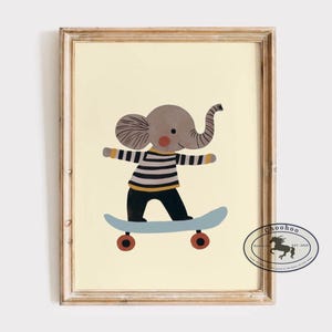 Baby elephant skateboarding print nursery wall art - nursery print - nursery decor - nursery wall art