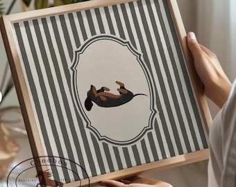 May include: A framed print featuring a dachshund dog illustration. The dog is lying on its back within an oval frame, set against a backdrop of gray and white vertical stripes. The frame is made of light-colored wood. The print includes the text "Choohoo Kentucky EST 2016".