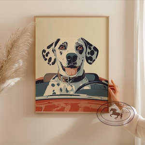 Dalmatiër rijden muurkunst, kinderkamer poster, grillige hond kunst, kinderkamer dierenprint, digitale auto illustratie - digitale download