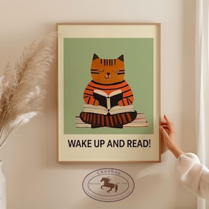 Cat Reading Poster - Wake up and Read - Cat poster - cute cat poster - digital download