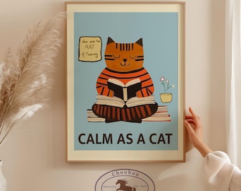 Cat Reading Art Print: Calm Feline Poster (Digital Download)