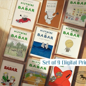 Conjunto de 9 impressões Babar - babar, o elefante, arte de parede para berçário para impressão digital