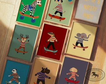 Animal Skateboard Nursery Prints: Playful Kids Room Decor (Digital Download)
