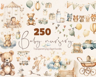 Teddy Bear Nursery Clipart Bundle: Watercolor Baby Shower PNG (Digital Download)