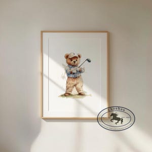 Vintage Teddy Bear Golf Art: Retro Watercolor Print (Digital Download)